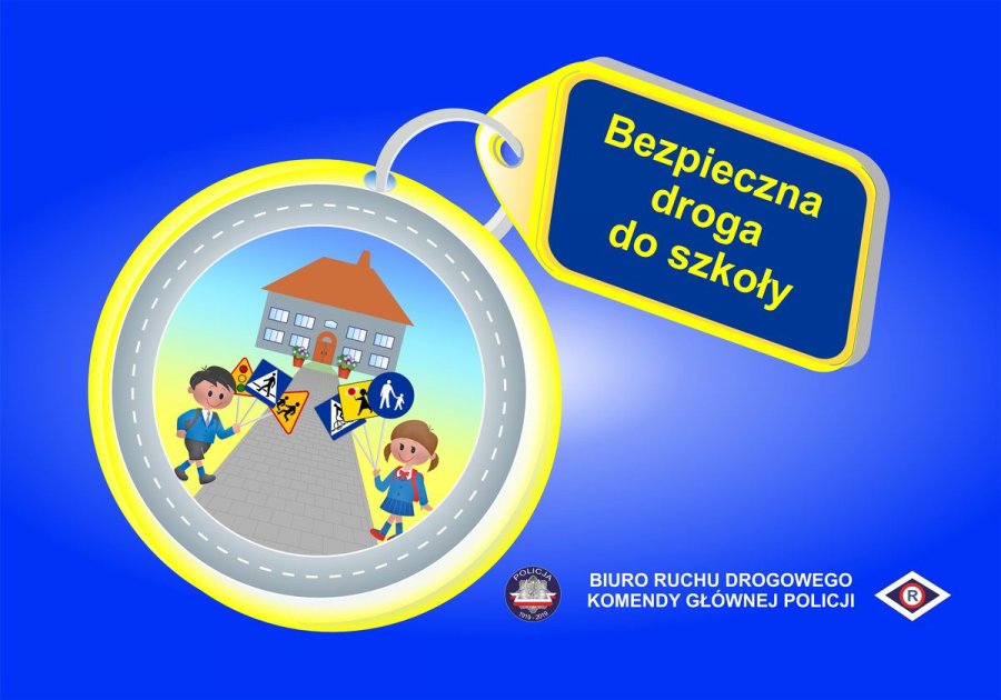 Breloczek z dziećmi idącymi do szkoły, napis: Bezpieczna droga do szkoły, Biuro Ruchu Drogowego KGP