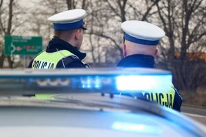 Zdjęcie kolorowe. Widoczni policjanci i radiowóz