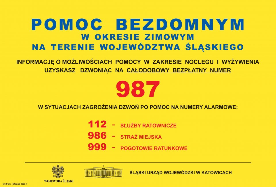 Żółty plakat, na którym znajdują się numery telefonów, pod którymi można szukać pomocy w zakresie noclegu i wyżywienia oraz wskazujące, gdzie należy dzwonić w przypadku zagrożenia.