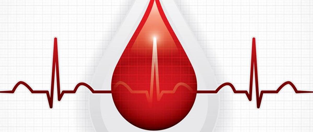 Zdjęcie przedstawia czerwony wykres badania EKG, w środku znajduje się czerwona kropla krwi.