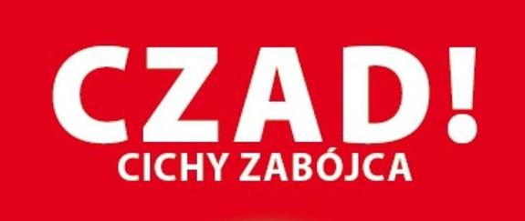 Plakat przedstawia biały napis na czerwonym tle. Treść napisu: czad, cichy zabójca.