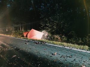 Zdjęcie kolorowe: na pierwszym planie jezdnia i mnóstwo drobnych odłamków z uszkodzonych pojazdów, w tle parawan strażacki i wywrócony samochód