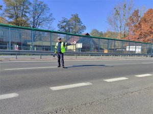 Zdjęcie kolorowe: umundurowany policjant ruchu drogowego stoi na pasie jezdni i tarczą wskazuje kierującemu miejsce zatrzymania pojazdu