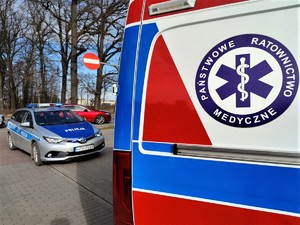 Zdjęcie kolorowe: karetka pogotowia ratunkowego, w tle widoczny oznakowany radiowóz policyjny