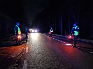 Zdjęcie przedstawia policjantów ustawionych po obu stronach pasa jezdni podczas kontroli drogowej.