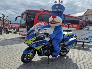 Zdjęcie przedstawia: policyjną maskotkę na oznakowanym policyjnym motocyklu.