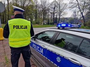 Zdjęcie przedstawia: policjanta obok radiowozu.