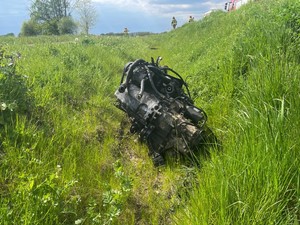 Zdjęcie przedstawia: silnik samochodu w rowie.