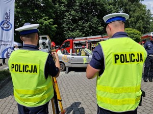 Zdjęcie przedstawia: dwóch umundurowanych policjantów którzy oglądają miejsce wypadku