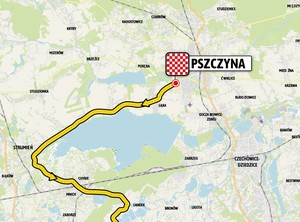 Na grafice mapa z zaznaczoną miejscowością Pszczyna. Mapa prezentuje trasę przejazdu peletonu w wyścigu Tour de Pologne.