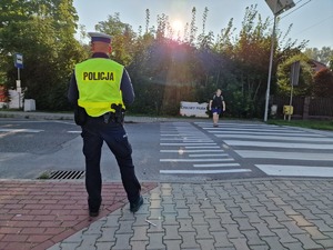 Zdjęcie przedstawia: umundurowanego policjanta przed przejściem dla pieszych.