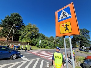 Zdjęcie przedstawia: znak informujący o przejściu dla pieszych w rejonie placówki oświatowej. Z tyłu widoczni policjanci i dzieci.