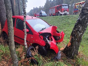 Zdjęcie przedstawia rozbity samochód osobowy.