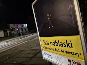 Zdjęcie przedstawia: tablicę profilaktyczną, z tyłu przejście dla pieszych.