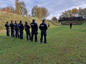 Zdjęcie przedstawia: umundurowanych policjantów, którzy obserwują pokaz policyjnych instruktorów na strzelnicy.