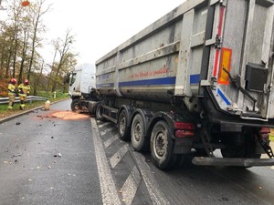 Zdjęcie przedstawia: pojazd ciężarowy, który stoi na środku drogi. Na ziemi widoczny wyciek płynów eksploatacyjnych.