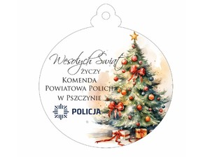 Grafika przedstawia choinkę a obok widnieje napis o treści: Wesołych Świąt życzy Komenda Powiatowa Policji w Pszczynie.