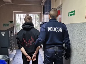 Zdjęcie przedstawia: umundurowany policjant z zatrzymanym mężczyzną.