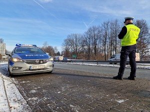 Zdjęcie przedstawia: policjanta stojącego przy jezdni, za nim widoczny oznakowany radiowóz.