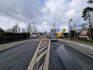 Zdjęcie przedstawia oznakowane przejście dla pieszych. Widoczne służby ratunkowe.