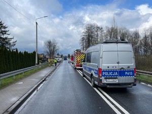 Zdjęcie przedstawia: miejsce zdarzenia drogowego. Z przodu widoczny radiowóz policyjny, dalej pojazdy biorące udział w zdarzeniu.