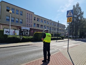 Zdjęcie przedstawia mundurowego przy przejściu dla pieszych.