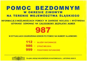 Grafika z napisem pomoc dla bezdomnych i danymi kontaktowymi, gdzie należy szukać pomocy