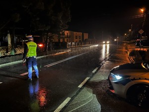 Zdjęcie przedstawia policjanta ruchu drogowego podczas zatrzymywania pojazdu do kontroli.