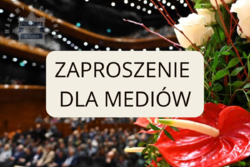 Napis o treści Zaproszenie dla mediów. W tle aula wypełniona gośćmi