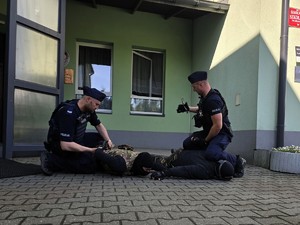 Zdjęcie przedstawia:  policjantów zatrzymujących przestepców