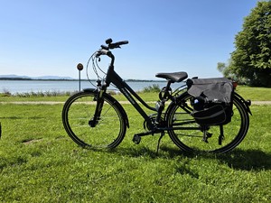 Zdjęcie przedstawia: rower stojący na trawie.