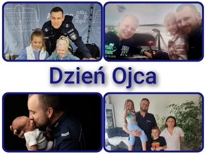 Kolaż 4 zdjęć policjantów w mundurach z dziećmi.