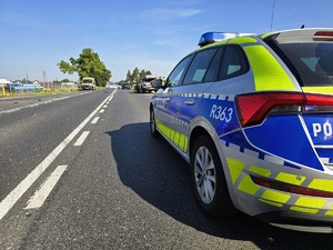 Zdjęcie przedstawia: radiowóz policyjny stojący na drodze.