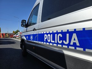 Zdjęcie przedstawia: policyjny radiowóz i miejsce zdarzenia drogowego.