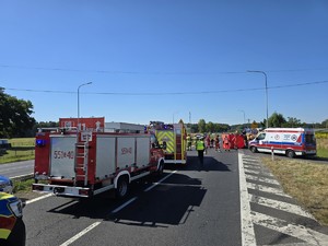 Zdjęcie przedstawia: służby ratownicze wykonujące czynności na miejscu zdarzenia drogowego.