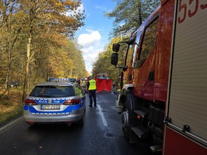 Zdjęcie przedstawia policjanta, radiowóz oraz wóz strażacki na miejscu zdarzenia.