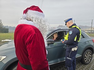 Zdjęcie przedstawia umundurowanego policjanta, uczestnika akcji oraz samochód osobowy.