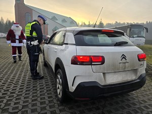 Zdjęcie przedstawia umundurowanego policjanta, uczestnika akcji oraz samochód osobowy.