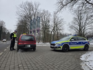 Zdjęcie przedstawia umundurowanego policjanta, oznakowany radiowóz oraz samochód osobowy.