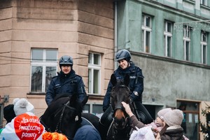 Zdjęcie przedstawia dwóch umundurowanych policjantów na policyjnych koniach.