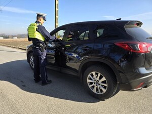 Na zdjęciu znajduje się umundurowany policjant oraz samochód osobowy.