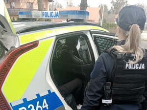 Policjantka stoi przy radiowozie, drzwi są otwarte, w środku siedzi mężczyzna.