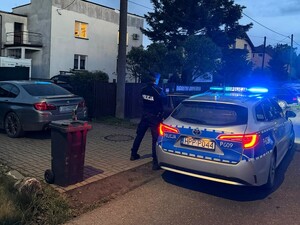 Zdjęcie: policjant przy radiowozie podczas interwencji.